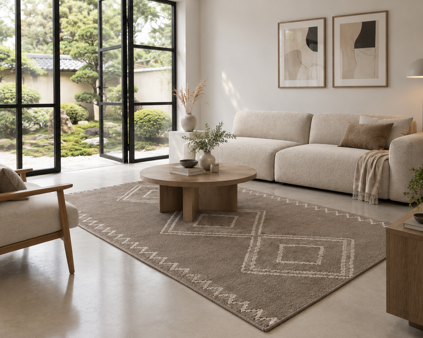 Sillón Bouclé y Alfombra Geométrica