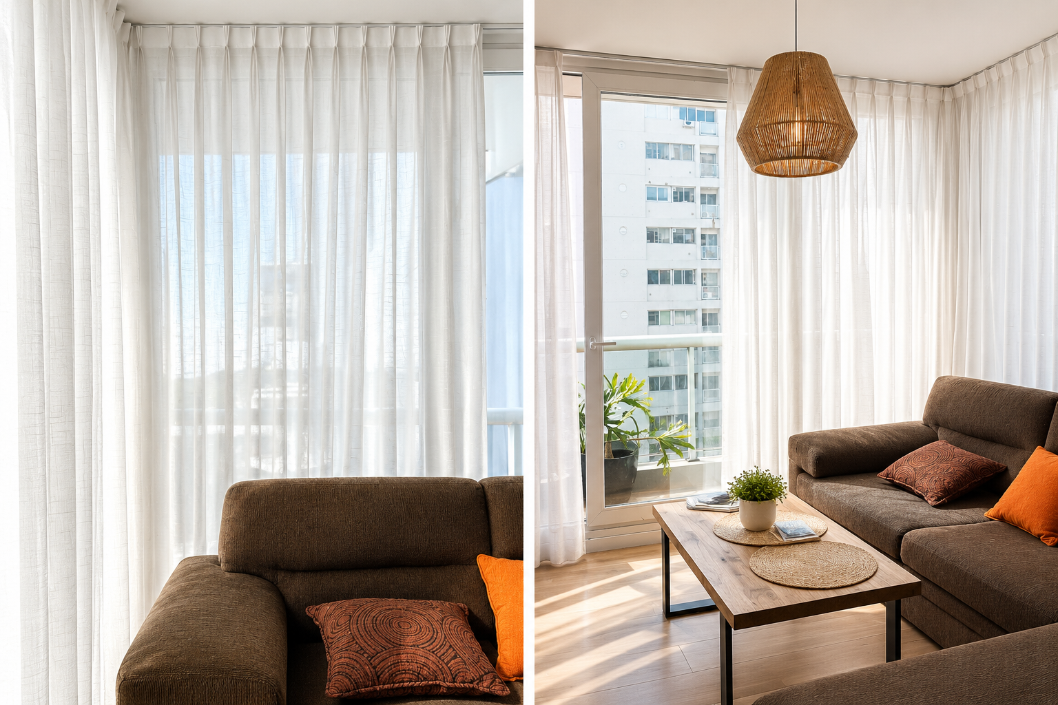 Sala luminosa con cortinas blancas y balcón urbano